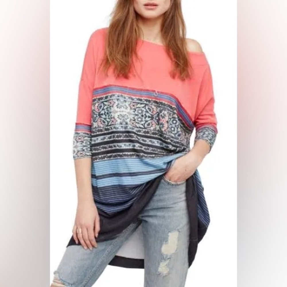 Free People Steppin Out Patterned Tunic/Dress S Oversized Bohemian Bateau Neck
